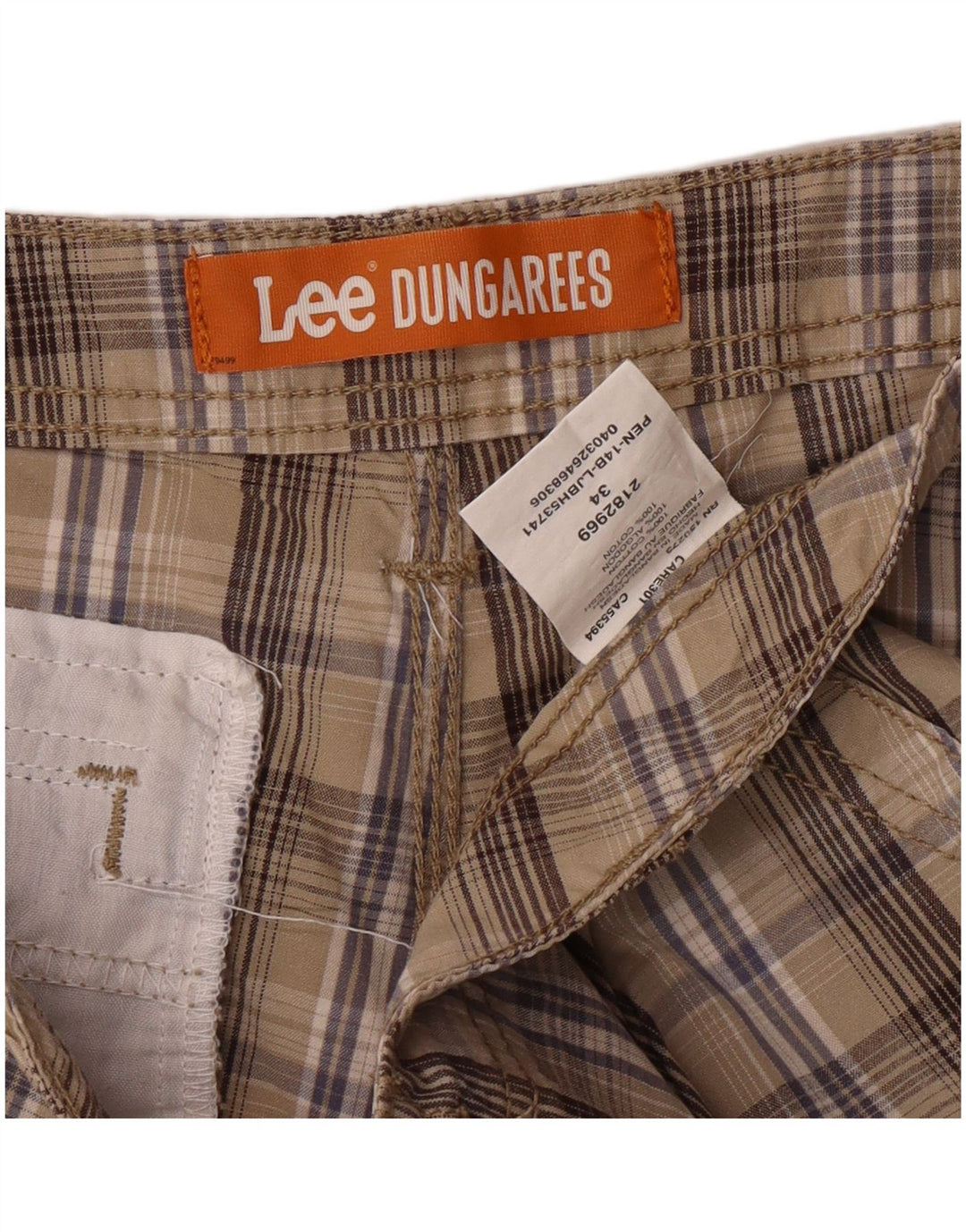 LEE Mens Dungarees Cargo Shorts W34 Large  Beige Check Cotton
