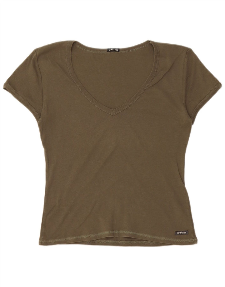 Playlife Womens Crop T-Shirt Top UK 12 Medium Khaki Cotton