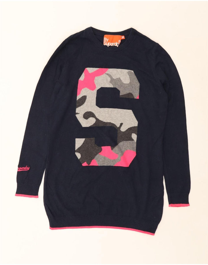 Superdry Womens Longline Crew Neck Jumper Sweater UK 12 Medium Navy Blue