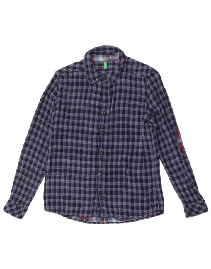Benetton Boys Shirt 11-12 Years 2XL Navy Blue Gingham Cotton