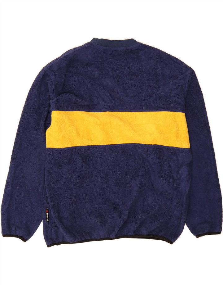 EDDIE BAUER Mens Graphic Fleece Jumper Medium Navy Blue Colourblock Nylon Vintage Eddie Bauer and Second-Hand Eddie Bauer from Messina Hembry 