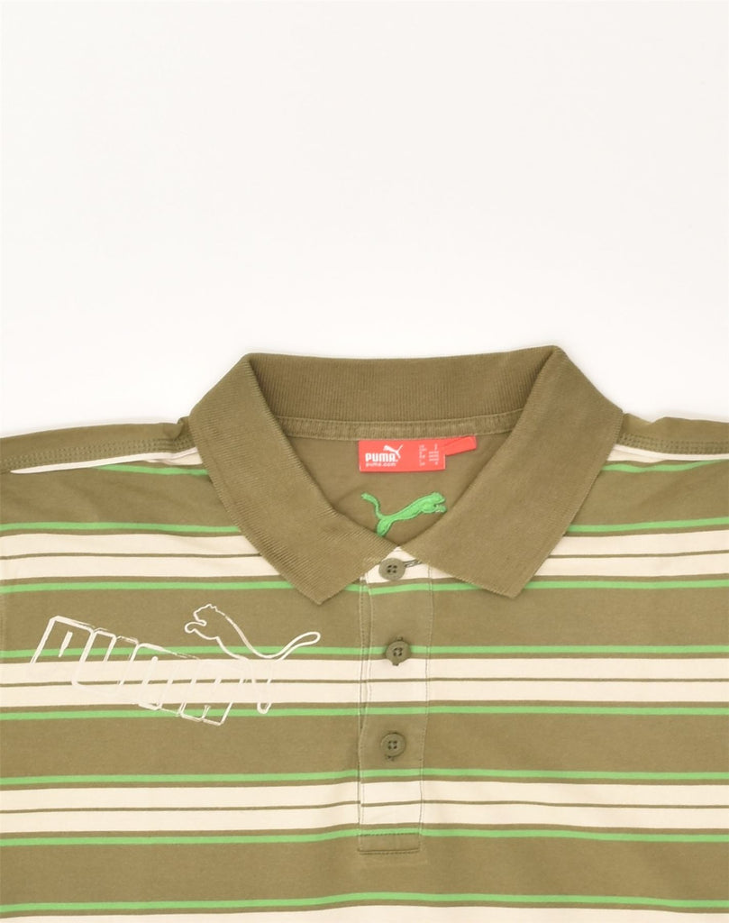 PUMA Mens Graphic Polo Shirt Small Khaki Striped Cotton | Vintage Puma | Thrift | Second-Hand Puma | Used Clothing | Messina Hembry 