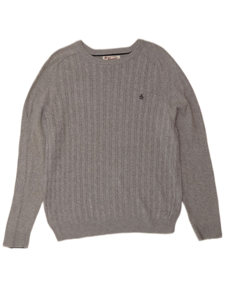 Penguin Mens Boat Neck Jumper Sweater Medium Grey Cotton