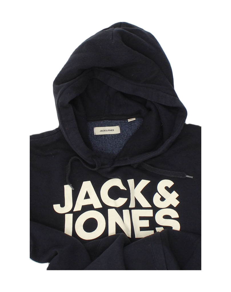 JACK & JONES Mens Graphic Hoodie Jumper Medium Navy Blue Cotton | Vintage Jack & Jones | Thrift | Second-Hand Jack & Jones | Used Clothing | Messina Hembry 