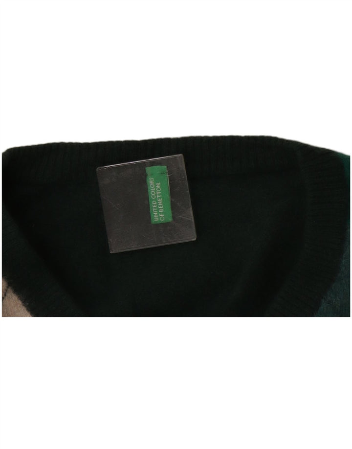 Benetton Womens V-Neck Jumper Sweater UK 14 Medium Green Argyle/Diamond