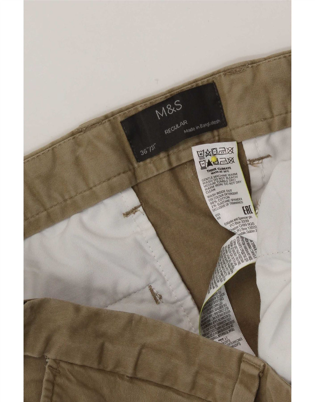 Marks & Spencer Mens Regular Fit Chino Trousers W36 L31 Khaki Cotton