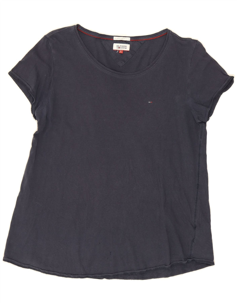 TOMMY HILFIGER Womens T-Shirt Top UK 14 Large Navy Blue Cotton Vintage Tommy Hilfiger and Second-Hand Tommy Hilfiger from Messina Hembry 