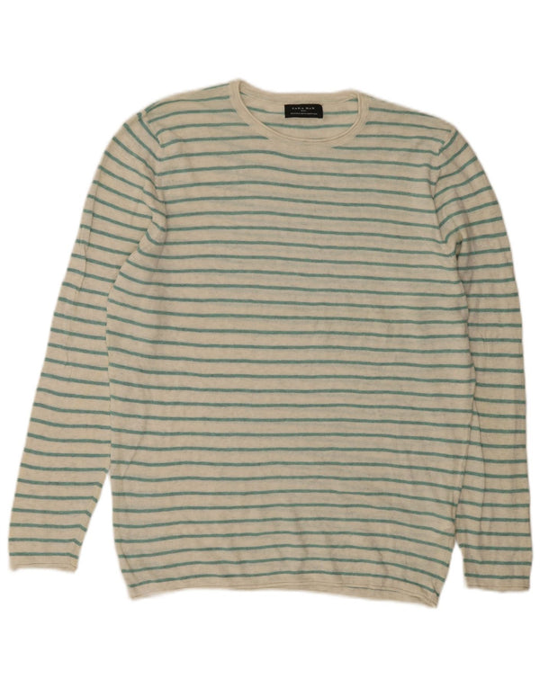 Zara Mens Crew Neck Jumper Sweater Medium Green Striped Cotton