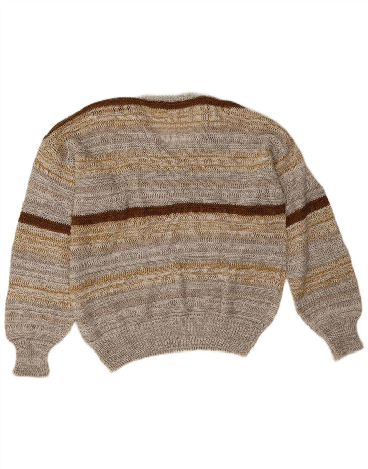 Fiume Mens V-Neck Jumper Sweater Large Grey Striped Linen