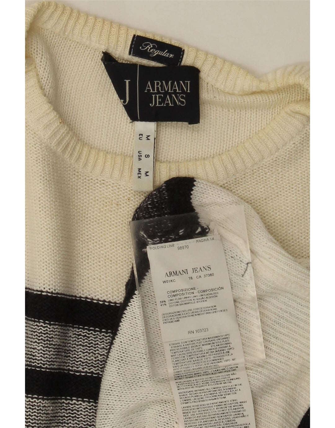 Armani Jeans Mens Regular Fit Crew Neck Jumper Sweater Medium White Striped