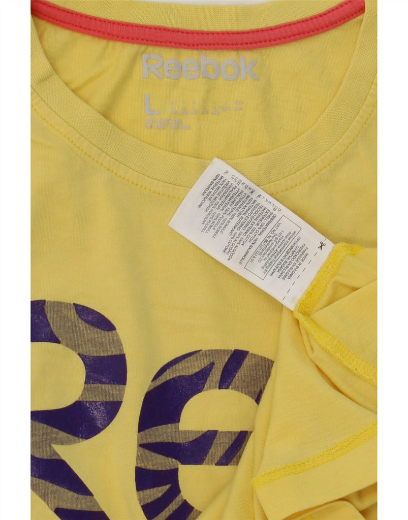 REEBOK Womens Graphic T-Shirt Top UK 14 Large Yellow Cotton Vintage Reebok and Second-Hand Reebok from Messina Hembry 