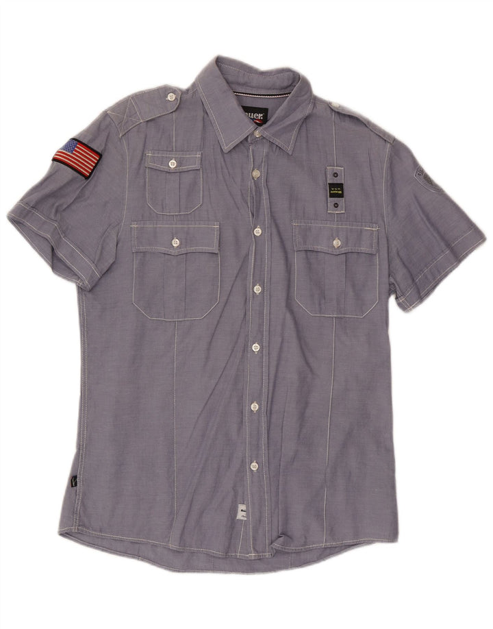 BLAUER Mens Short Sleeve Military Shirt Large Blue Cotton