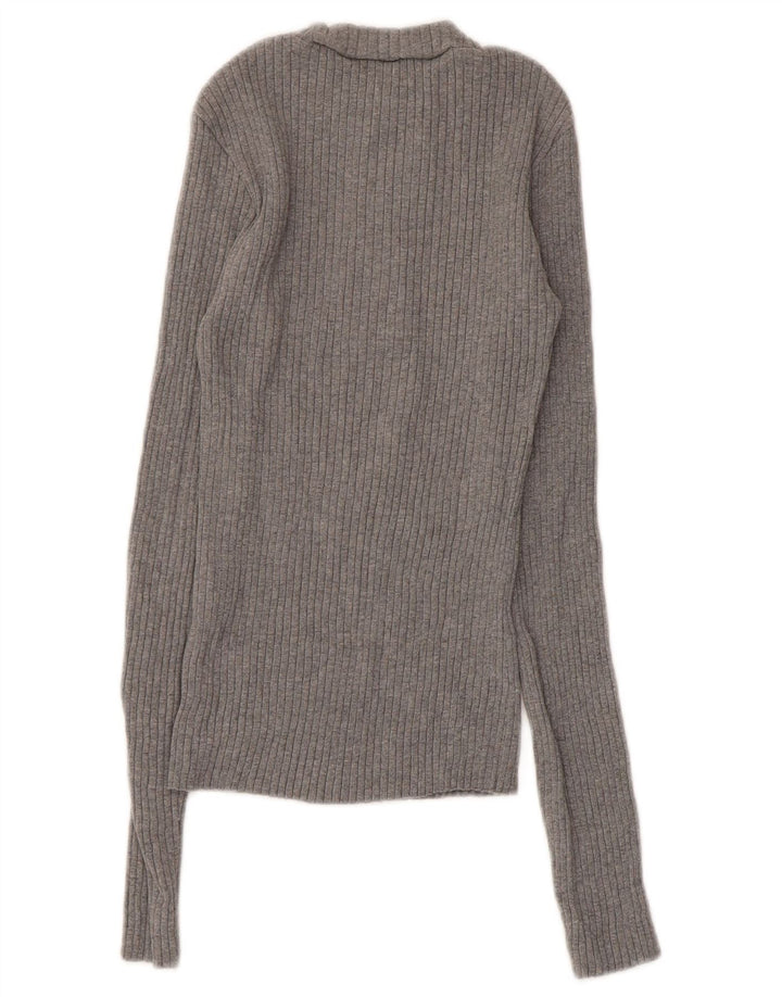 Zara Womens Button Neck Jumper Sweater UK 8 Small Grey Cotton