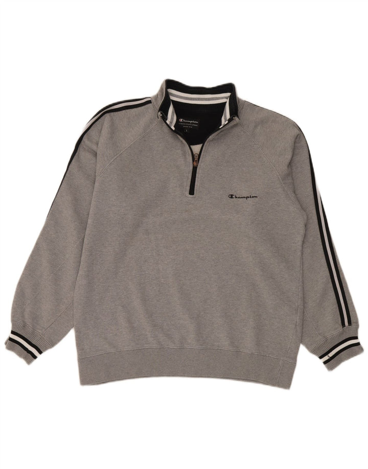 Champion Mens Zip Neck Sweatshirt Jumper Large Grey Striped Cotton