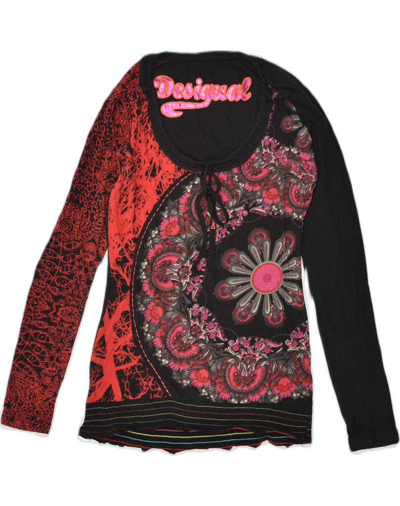 DESIGUAL Womens Graphic Top Long Sleeve UK 4 XS Black Floral Cotton | Vintage Desigual | Thrift | Second-Hand Desigual | Used Clothing | Messina Hembry 