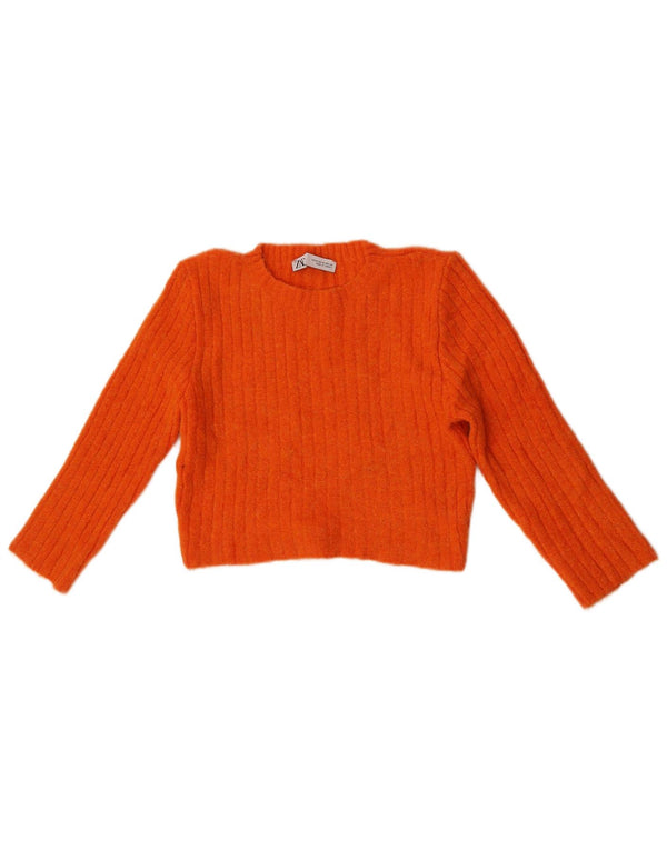 Zara Womens 3/4 Sleeve Crop Boat Neck Jumper Sweater UK 12 Medium Orange