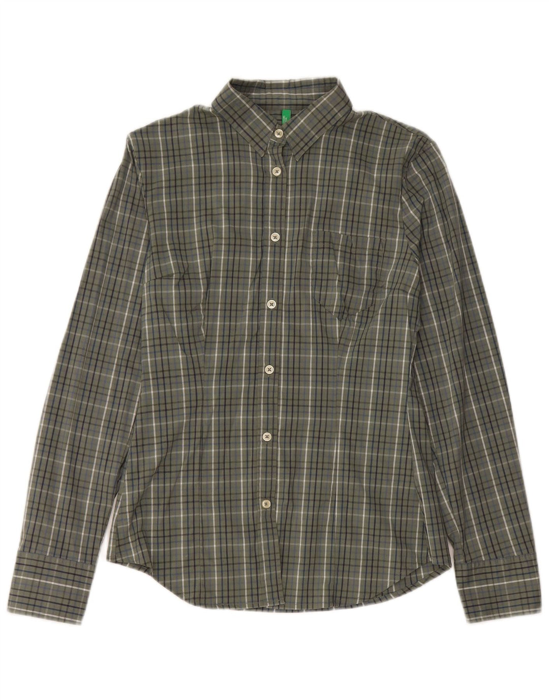 Benetton Womens Shirt UK 12 Medium Khaki Check Cotton