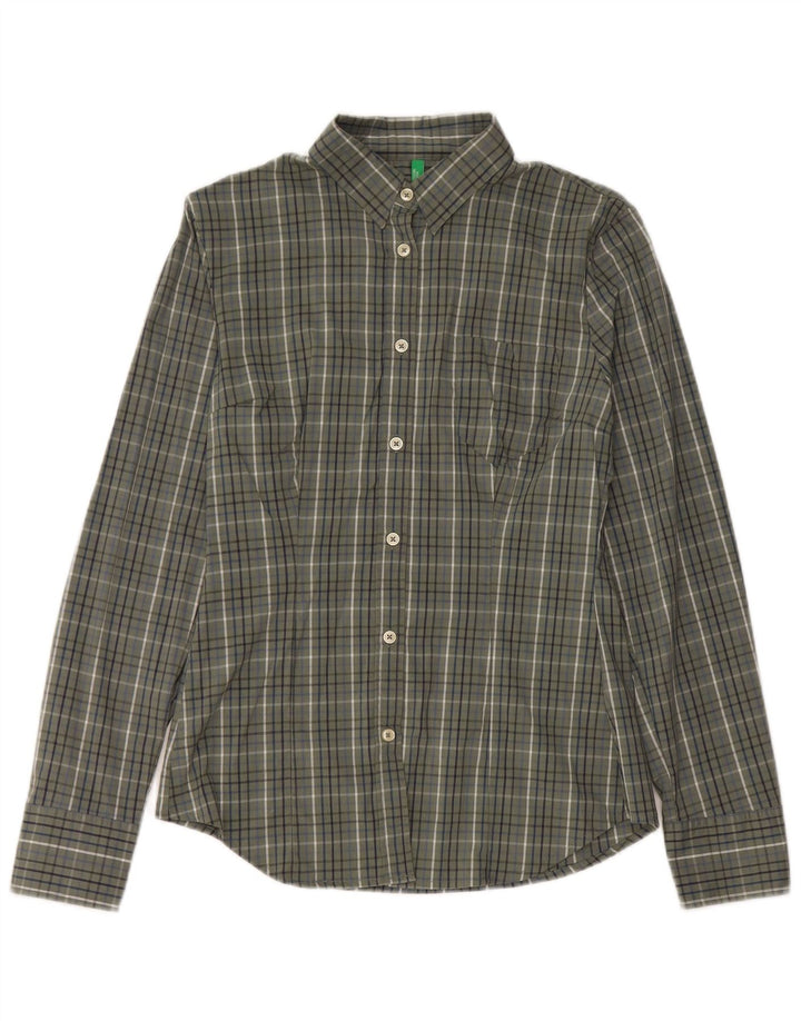 Benetton Womens Shirt UK 12 Medium Khaki Check Cotton