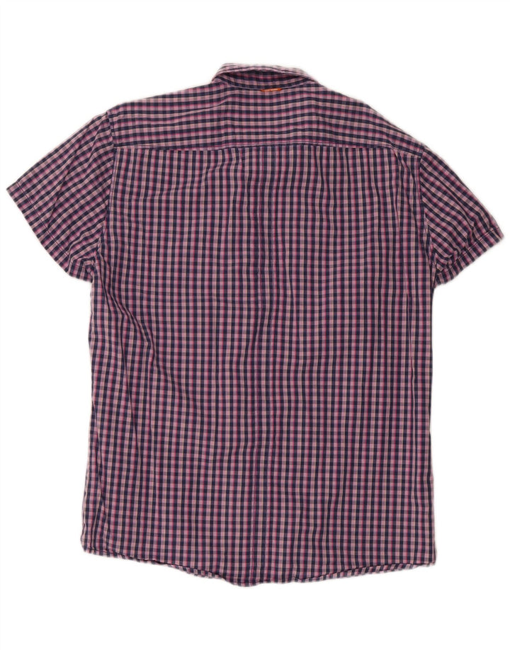 Hugo Boss Mens Short Sleeve Shirt Large Navy Blue Gingham Cotton