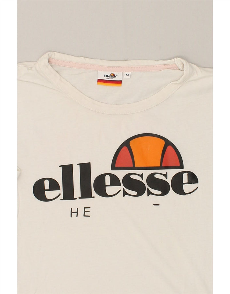 ELLESSE Womens Graphic T-Shirt Top UK 12 Medium White Cotton | Vintage Ellesse | Thrift | Second-Hand Ellesse | Used Clothing | Messina Hembry 