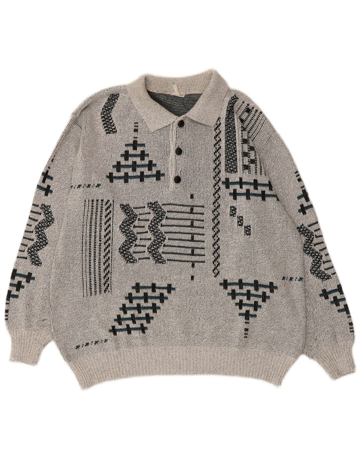 Vintage Mens Polo Neck Jumper Sweater UK 38/40 Medium Grey Geometric
