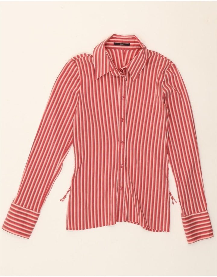 Hugo Boss Womens Shirt UK 10 Small Red Striped Cotton