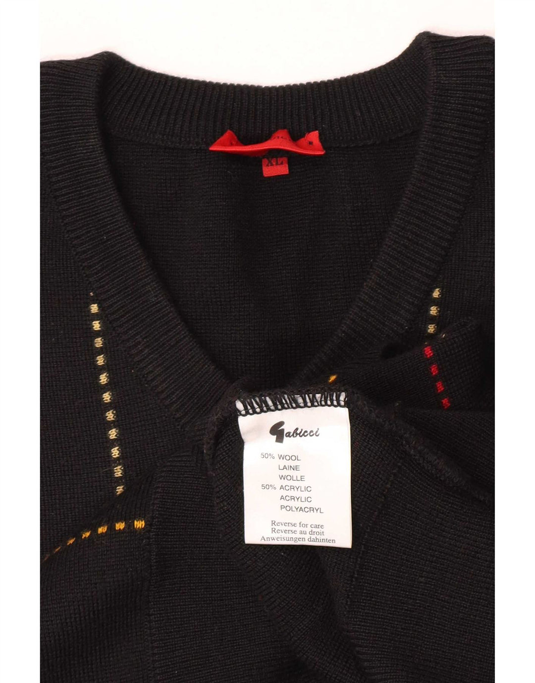Gabicci Mens V-Neck Jumper Sweater XL Black Striped Wool