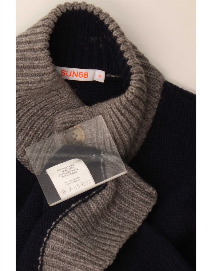 Sun68 Mens Regular Fit Button Neck Jumper Sweater Small Navy Blue Wool