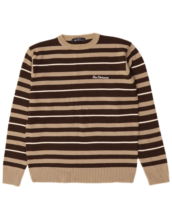Ben Sherman Mens Crew Neck Jumper Sweater Medium Brown Striped Acrylic
