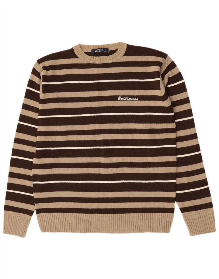 Ben Sherman Mens Crew Neck Jumper Sweater Medium Brown Striped Acrylic