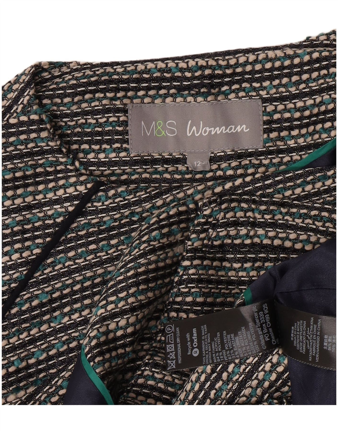 Marks & Spencer Womens Crop Blazer Jacket UK 12 Medium Grey Striped Acrylic