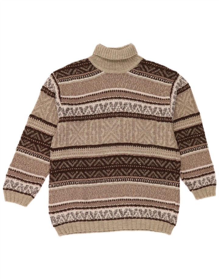 Vintage Mens Roll Neck Jumper Sweater Medium Brown Geometric Wool