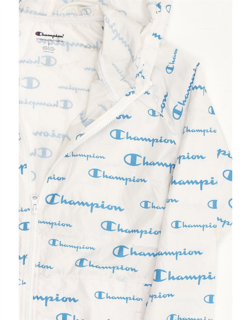 CHAMPION Womens Graphic Hooded Rain Jacket UK 14 Large White Polyester | Vintage Champion | Thrift | Second-Hand Champion | Used Clothing | Messina Hembry 