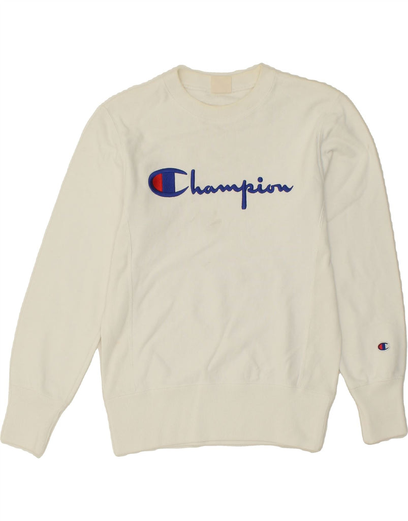 CHAMPION Womens Graphic Sweatshirt Jumper UK 14 Medium White Cotton | Vintage Champion | Thrift | Second-Hand Champion | Used Clothing | Messina Hembry 