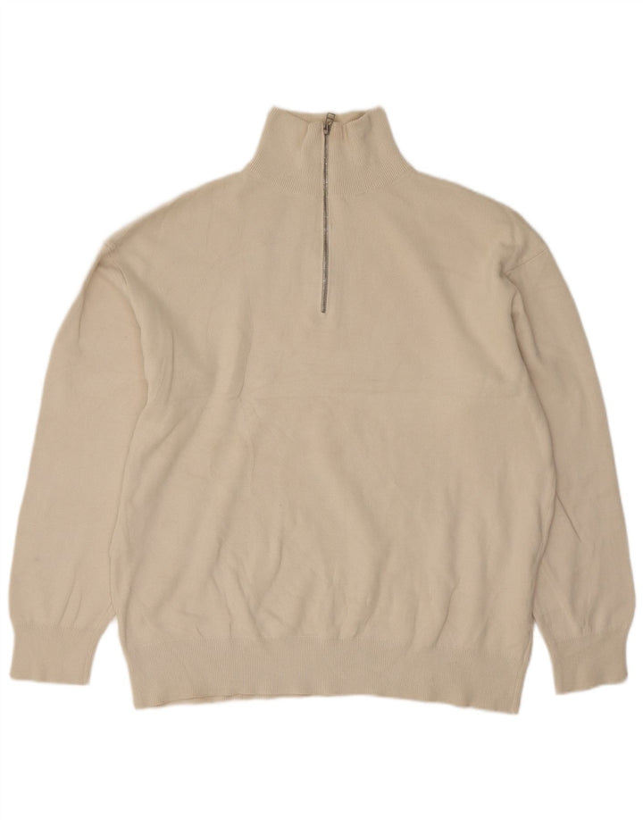Zara Mens Zip Neck Jumper Sweater XL Beige Cotton