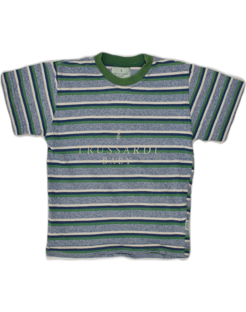 TRUSSARDI Boys Graphic T-Shirt Top 5-6 Years Green Striped Cotton | Vintage Trussardi | Thrift | Second-Hand Trussardi | Used Clothing | Messina Hembry 