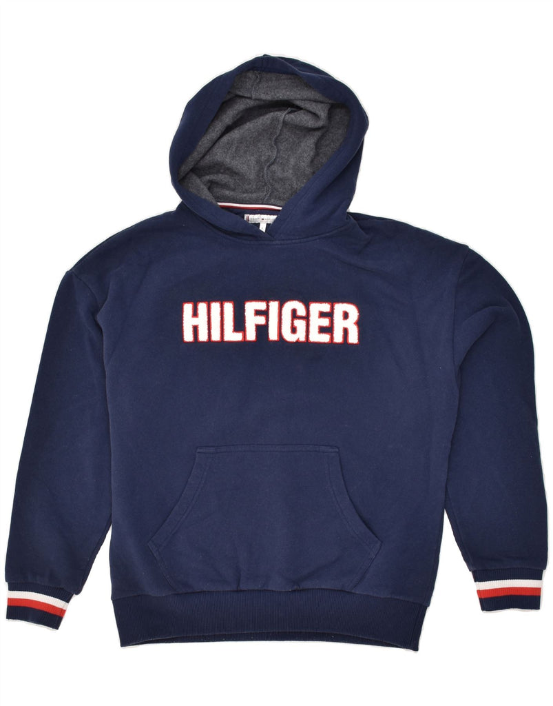 TOMMY HILFIGER Mens Graphic Hoodie Jumper Small Navy Blue Cotton | Vintage Tommy Hilfiger | Thrift | Second-Hand Tommy Hilfiger | Used Clothing | Messina Hembry 