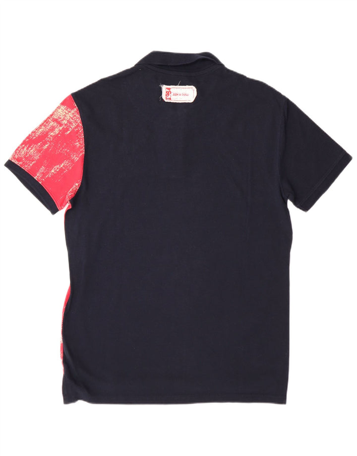 DESIGUAL Mens Graphic Polo Shirt Large Navy Blue Colourblock Cotton