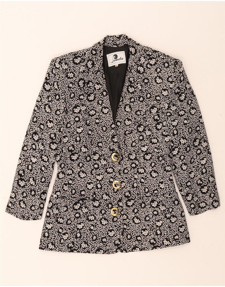 VINTAGE Womens 3/4 Sleeve 3 Button Blazer Jacket IT 42 Medium Black Floral Vintage Vintage and Second-Hand Vintage from Messina Hembry 