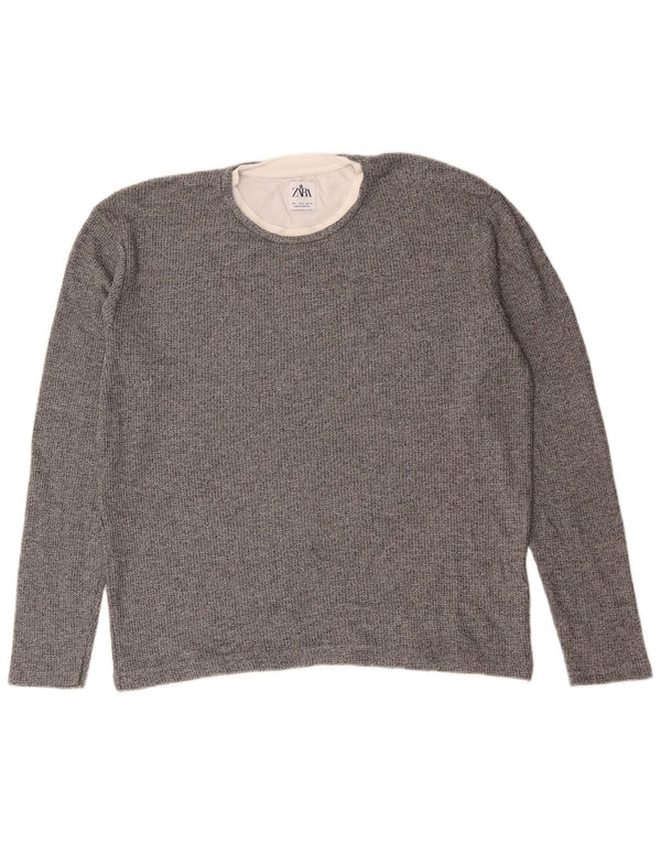 Zara Mens Crew Neck Jumper Sweater Large Grey Cotton