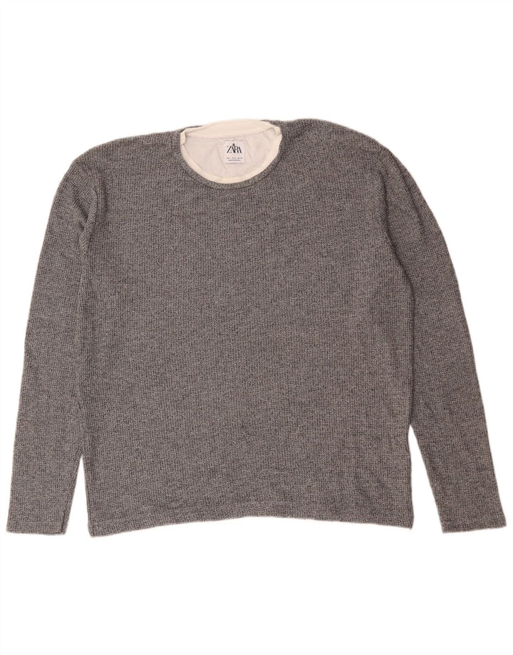 Zara Mens Crew Neck Jumper Sweater Large Grey Cotton
