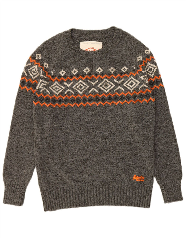 Superdry Mens Crew Neck Jumper Sweater Medium Grey Geometric Acrylic