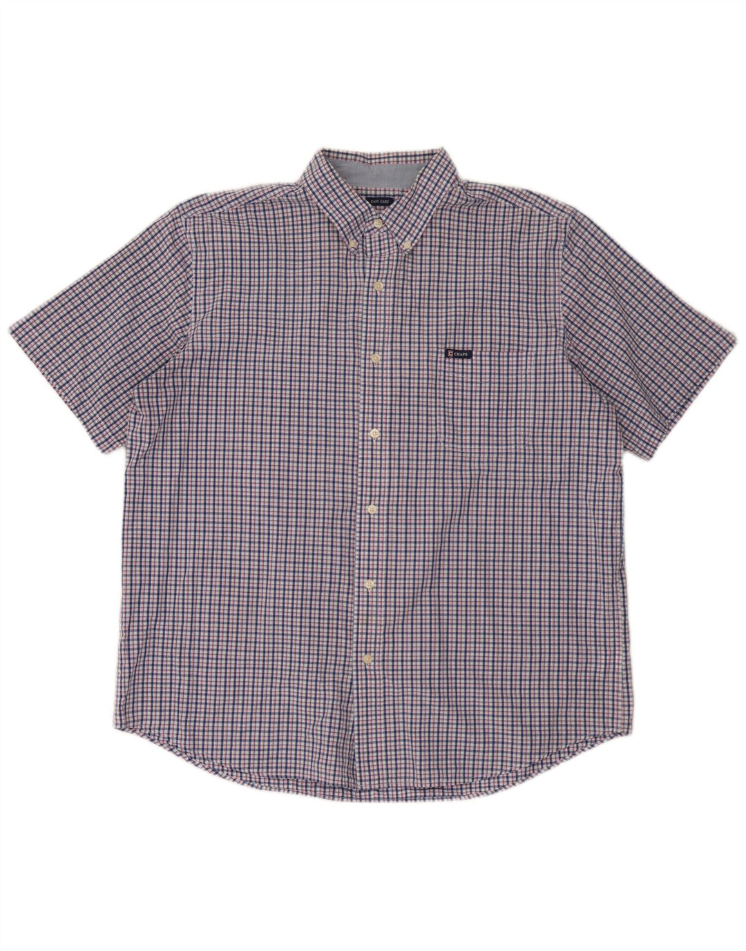 Chaps Mens Easy Care Short Sleeve Shirt XL Navy Blue Check Cotton