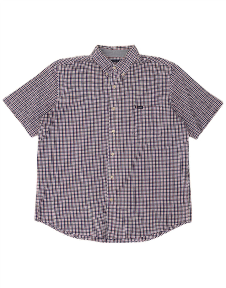 Chaps Mens Easy Care Short Sleeve Shirt XL Navy Blue Check Cotton