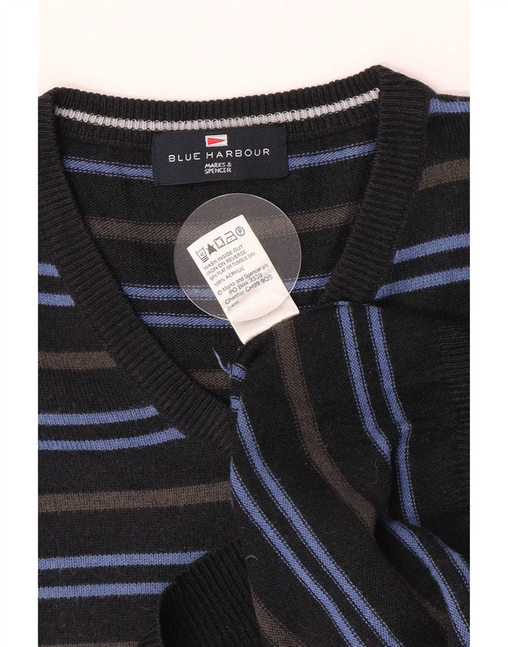 Marks & Spencer Mens V-Neck Jumper Sweater Medium Navy Blue Striped Acrylic