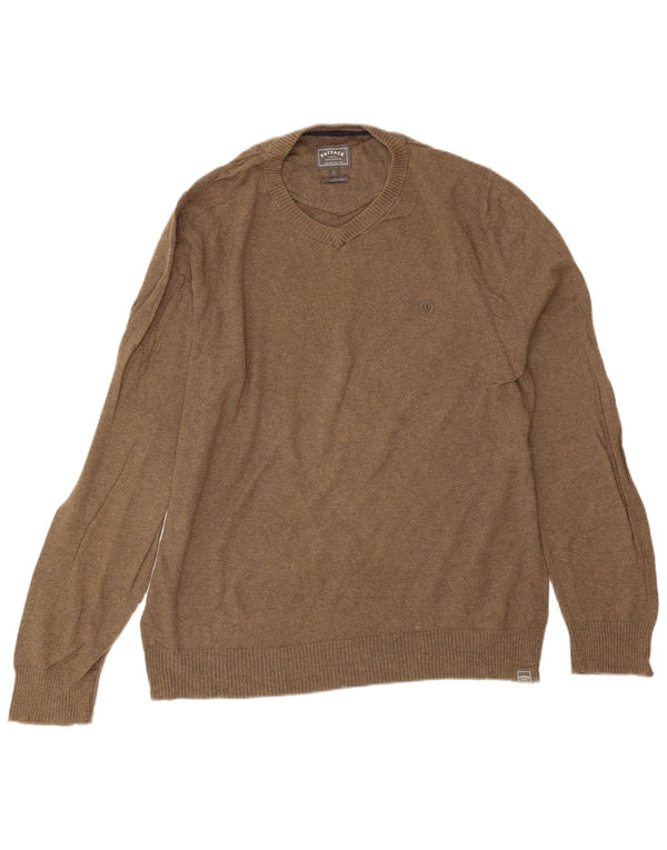Fat Face Mens V-Neck Jumper Sweater Large Brown Cotton