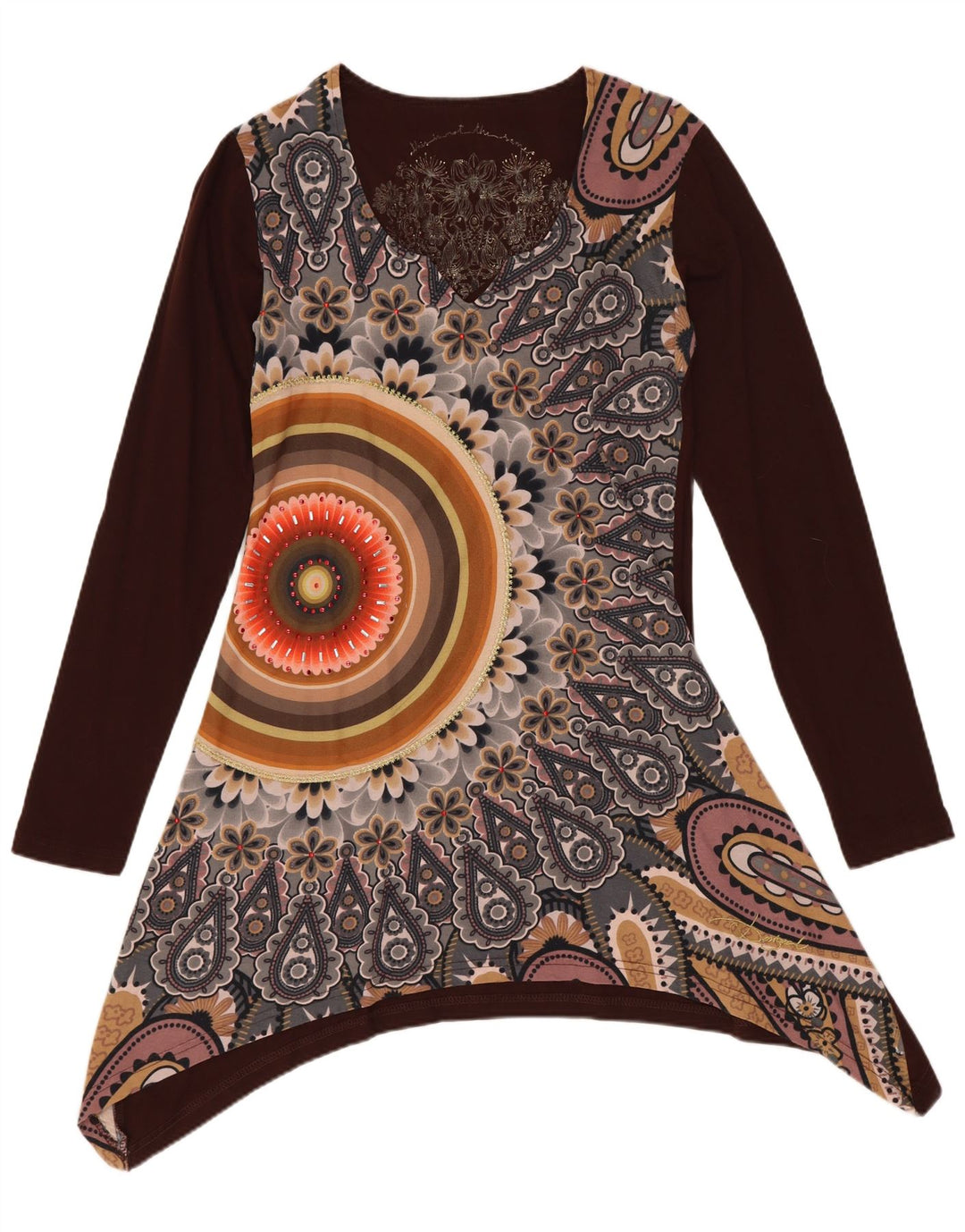 DESIGUAL Womens Graphic Asymmetric Tunic Dress UK 10 Small Brown Floral