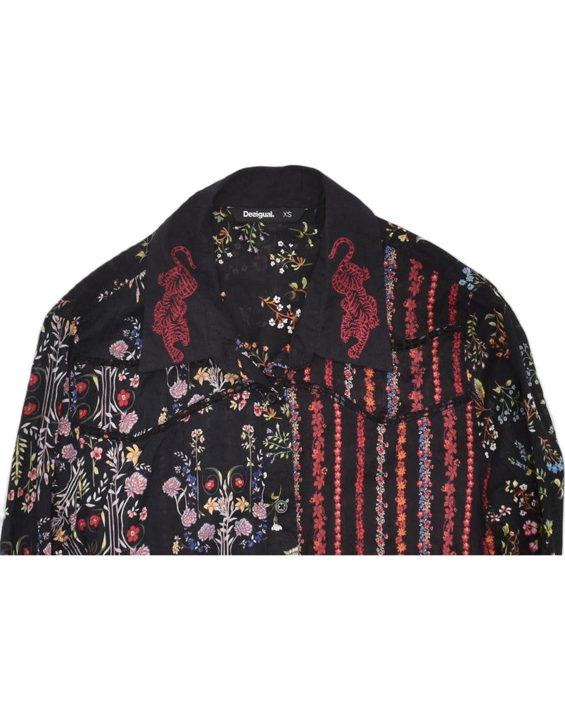 DESIGUAL Womens Shirt UK 6 XS Black Floral Cotton | Vintage | Thrift | Second-Hand | Used Clothing | Messina Hembry 