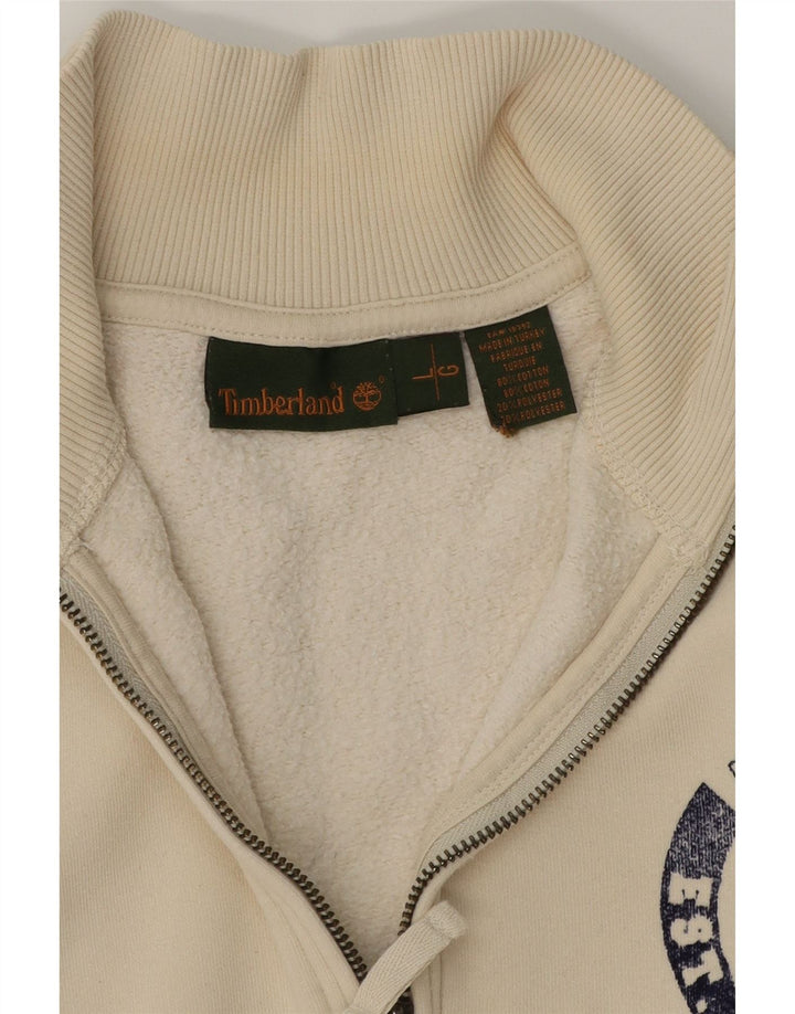 TIMBERLAND Mens Graphic Zip Neck Sweatshirt Jumper Large Off White Cotton Vintage Timberland and Second-Hand Timberland from Messina Hembry 