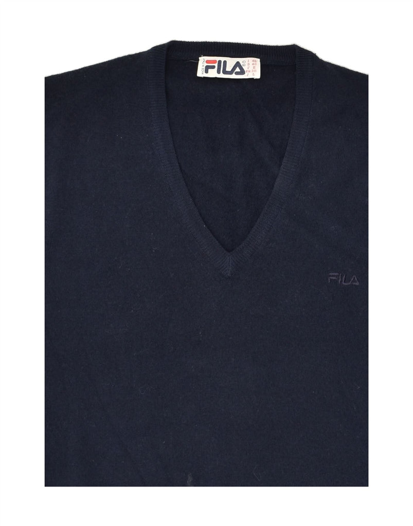 FILA Mens V-Neck Jumper Sweater IT 48 Medium Navy Blue Virgin Wool | Vintage Fila | Thrift | Second-Hand Fila | Used Clothing | Messina Hembry 